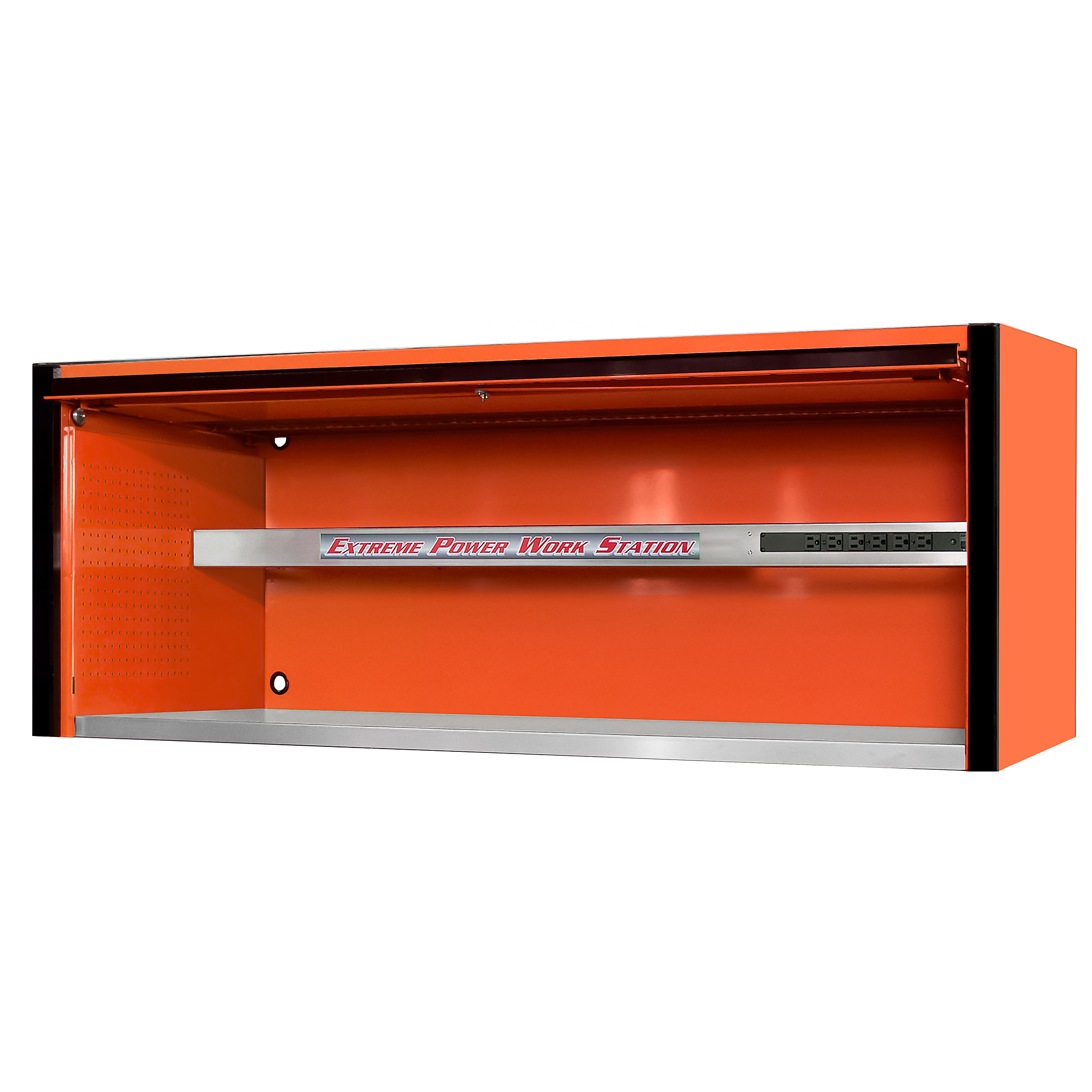 Extreme Tools Extreme Power Workstation Hutch - 72in.W x 30in.D, Stainless Steel Work Surface, Power Strip, Orange, Model# EX7201HCQORBK